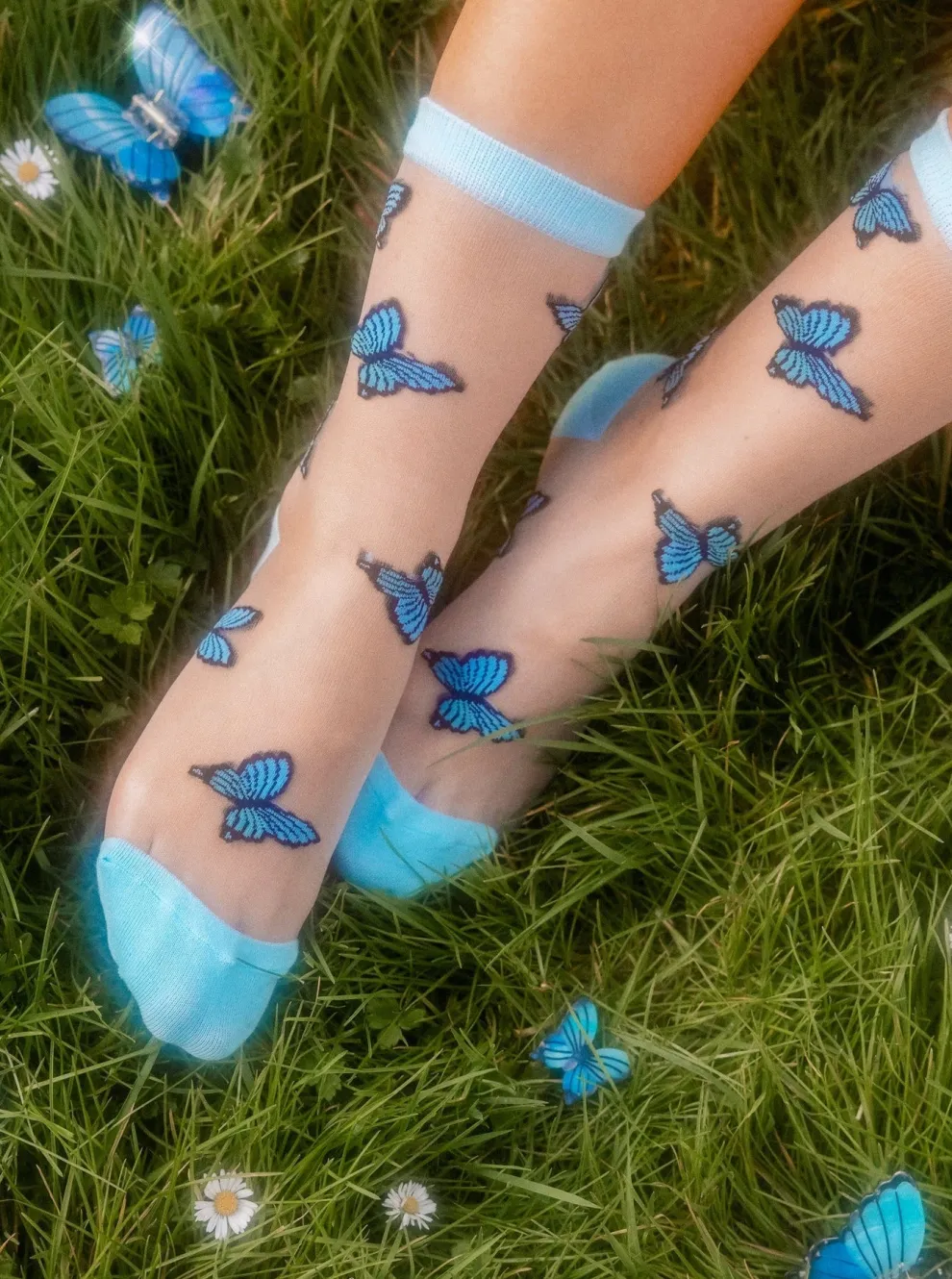 COUCOU SUZETTE Transparent Blue Butterfly Socks