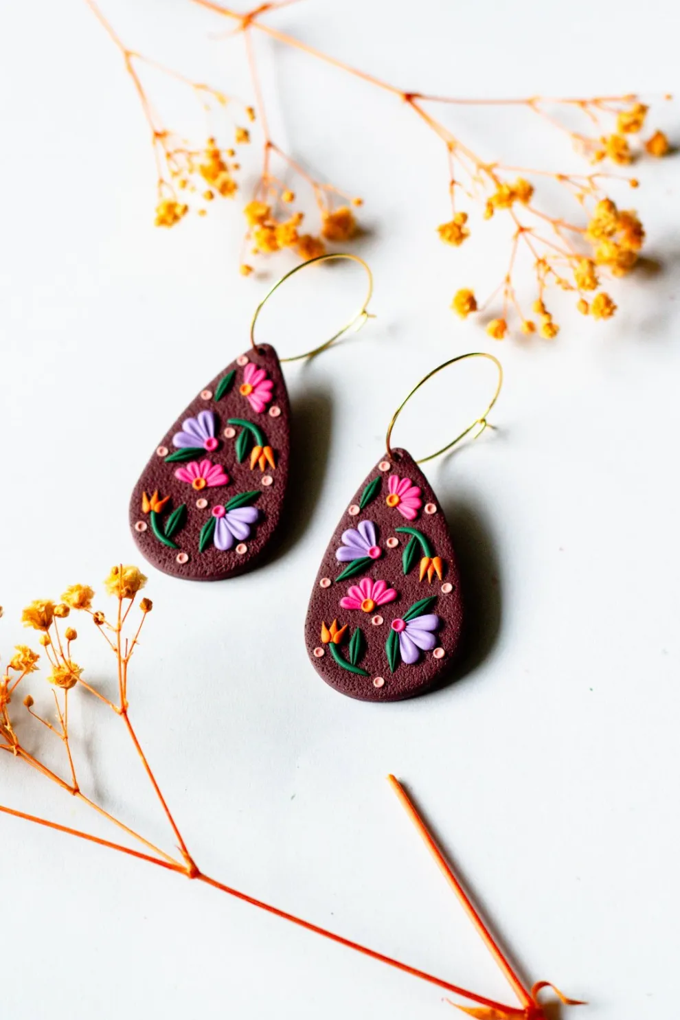 SLOW DAY STUDIOS Burgundy Floral Teardrop Hoop Earrings