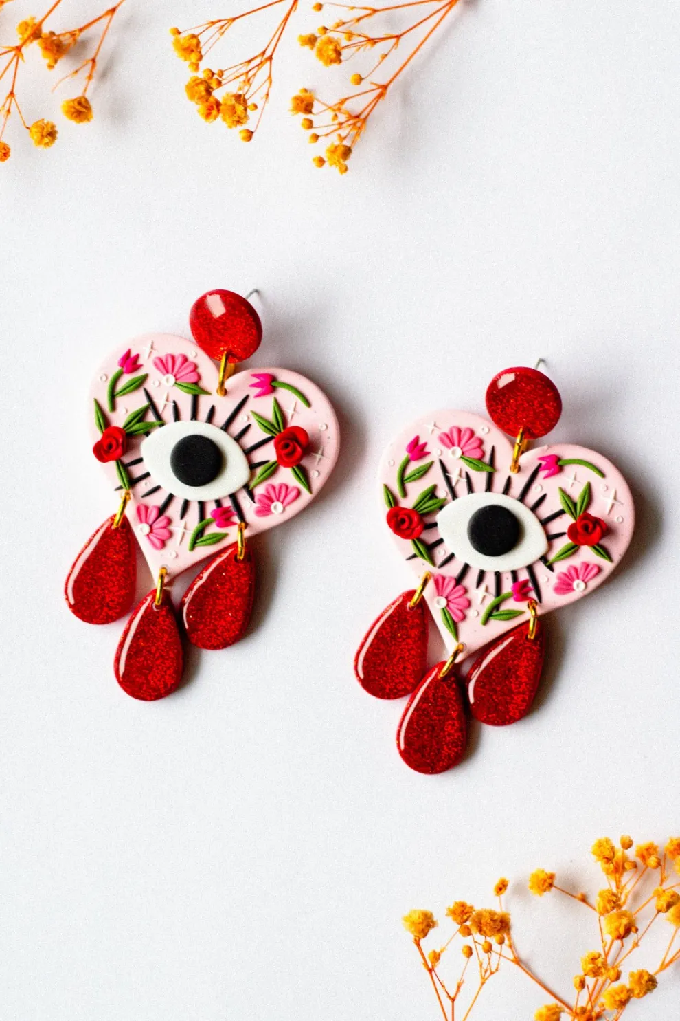 SLOW DAY STUDIOS Heart and Evil Eye Earrings - Red Glitter